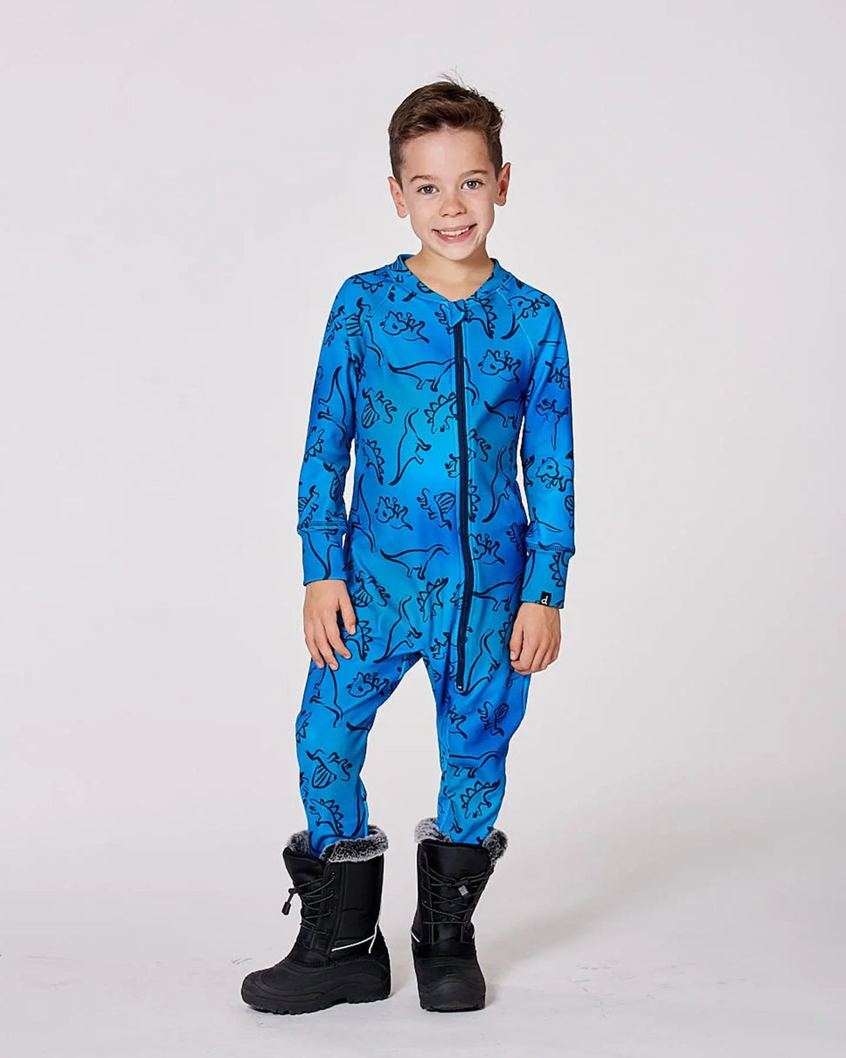 One-Piece Thermal Underwear Blue Gradient Dinosaur Print | Deux par Deux | Jenni Kidz
