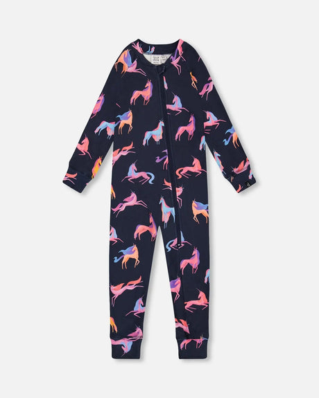 One Piece Thermal Underwear Navy Printed Unicorn | Deux par Deux | Jenni Kidz