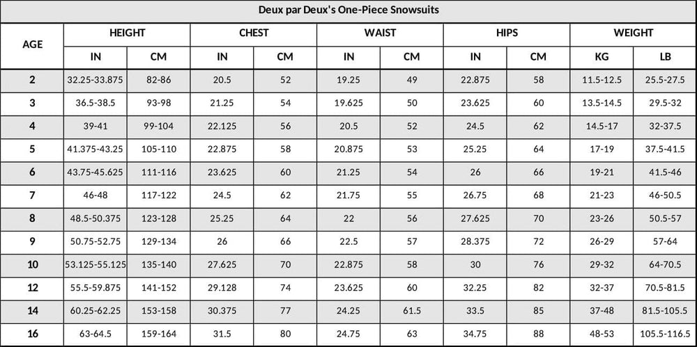 Deux par Deux one-piece snowsuit size guide