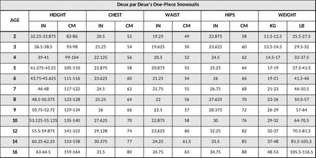 Deux par Deux one-piece snowsuit size guide