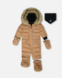 Chanterelle one-piece pram suit for baby girl, −30C warmth, detachable mitts/booties, fleece-lined hood.
