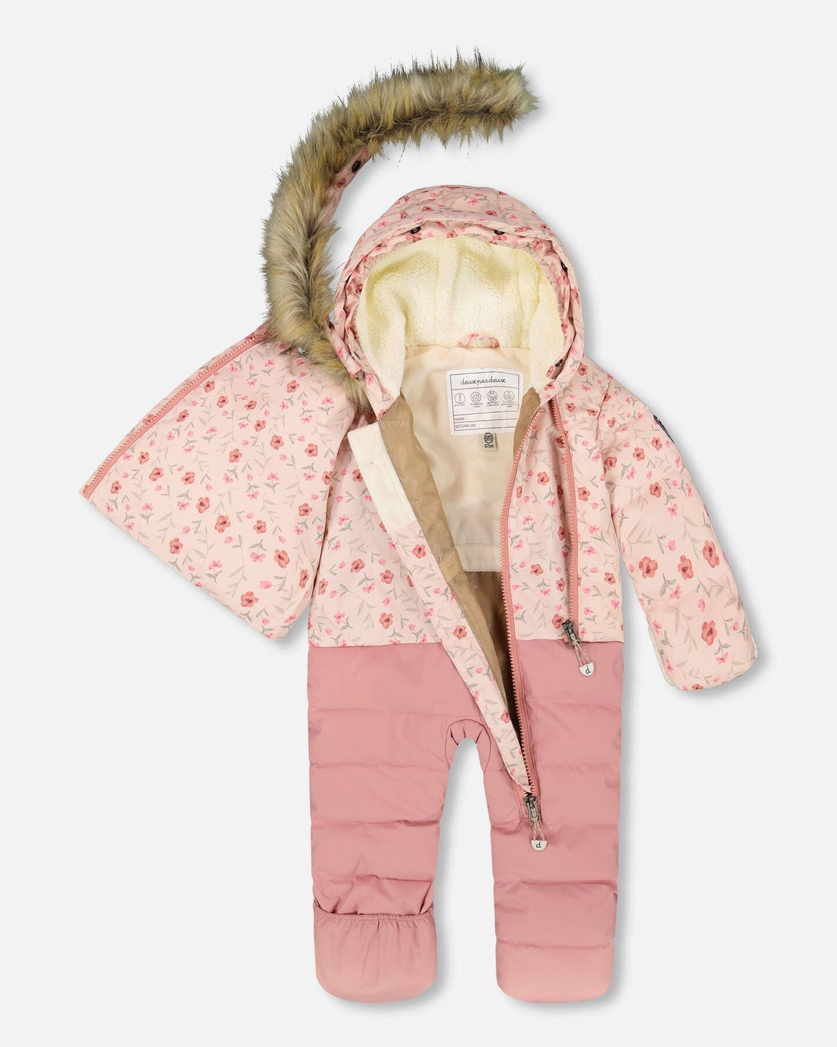 One-piece pram suit flat lay, hood and cuffs — secure her size fast
