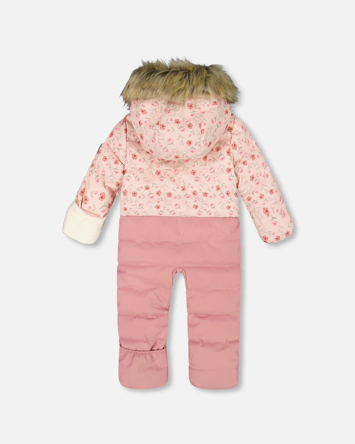 back view of infant bunting pink floral pattern, sherpa hood