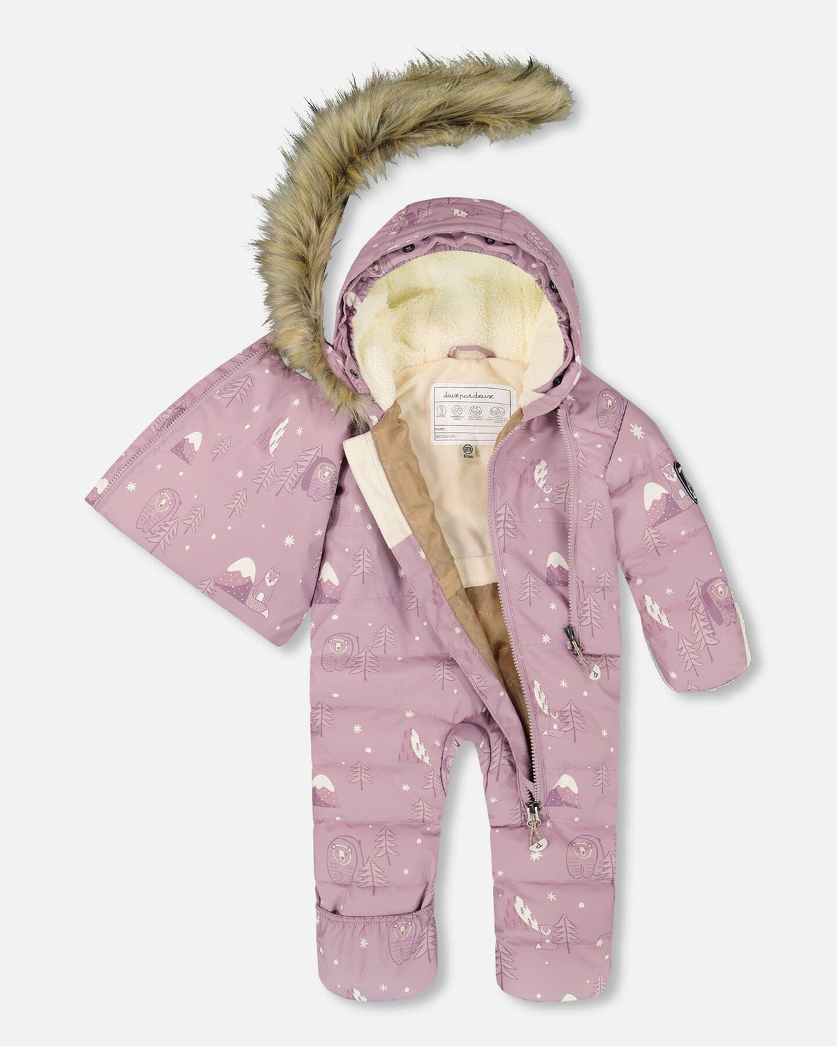 Interior velour body and foldover cuffs, car-seat snowsuit comfort