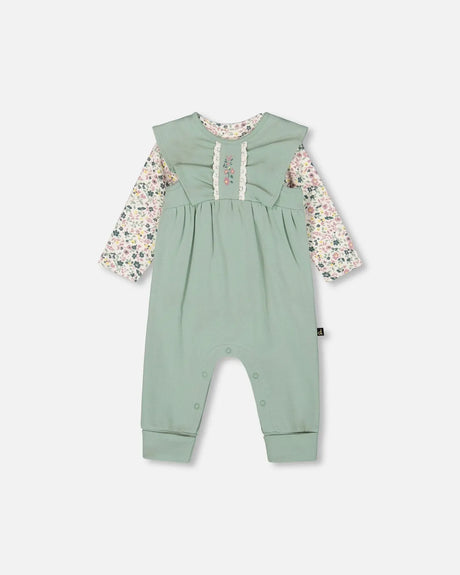 Organic Cotton Bodysuit And Sleeveless Overalls Set Jade Green | Deux par Deux | Jenni Kidz
