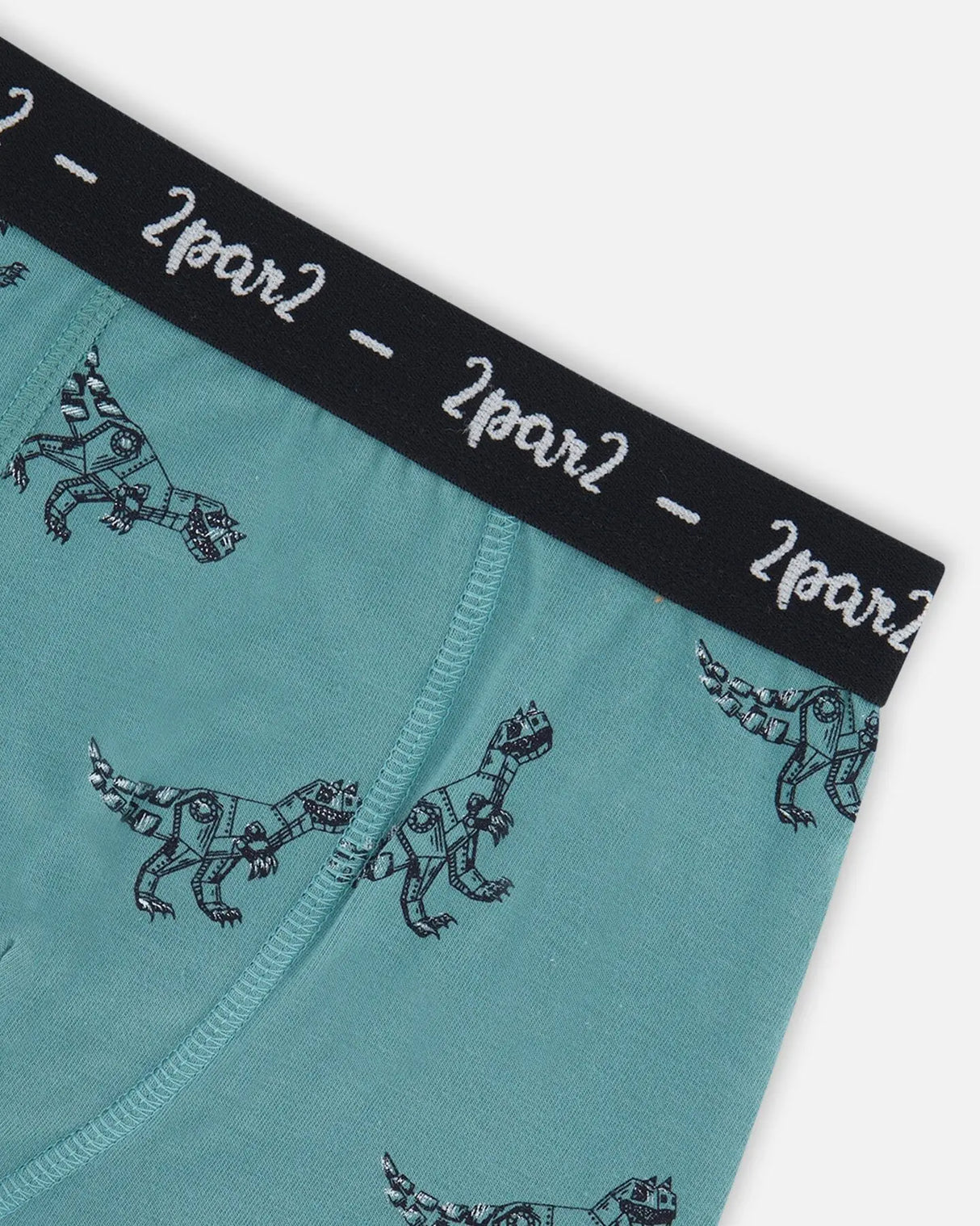 Organic Cotton Boxer Short Teal With Mechanical Dinosaurs Print | Deux par Deux | Jenni Kidz