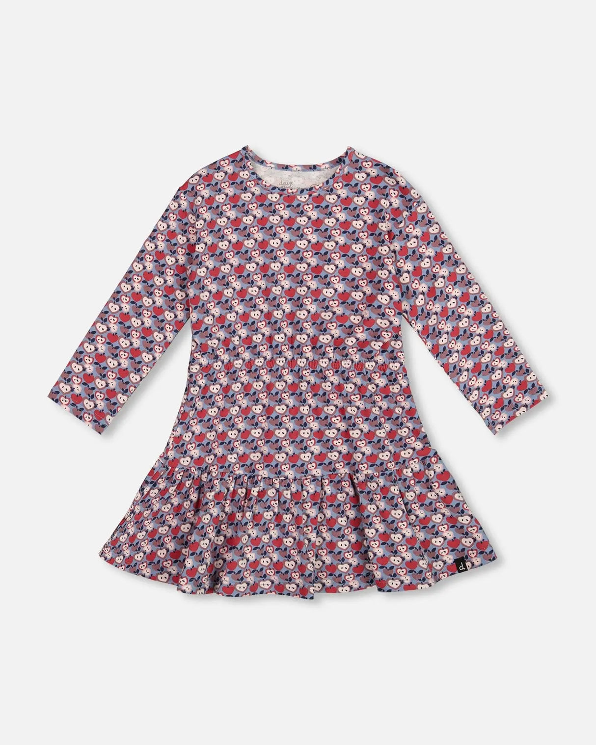 Organic Cotton Dress With Flounce Hem Blue Apple Print | Deux par Deux | Jenni Kidz