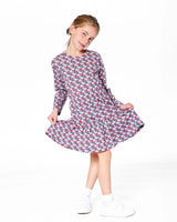 Organic Cotton Dress With Flounce Hem Blue Apple Print | Deux par Deux | Jenni Kidz
