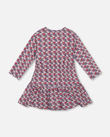 Organic Cotton Dress With Flounce Hem Blue Apple Print | Deux par Deux | Jenni Kidz