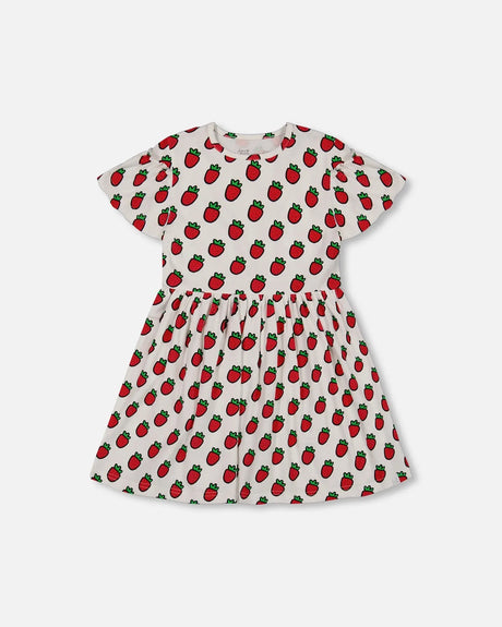 Organic Cotton Dress With Flounce Sleeves White Printed Pop Strawberry | Deux par Deux | Jenni Kidz
