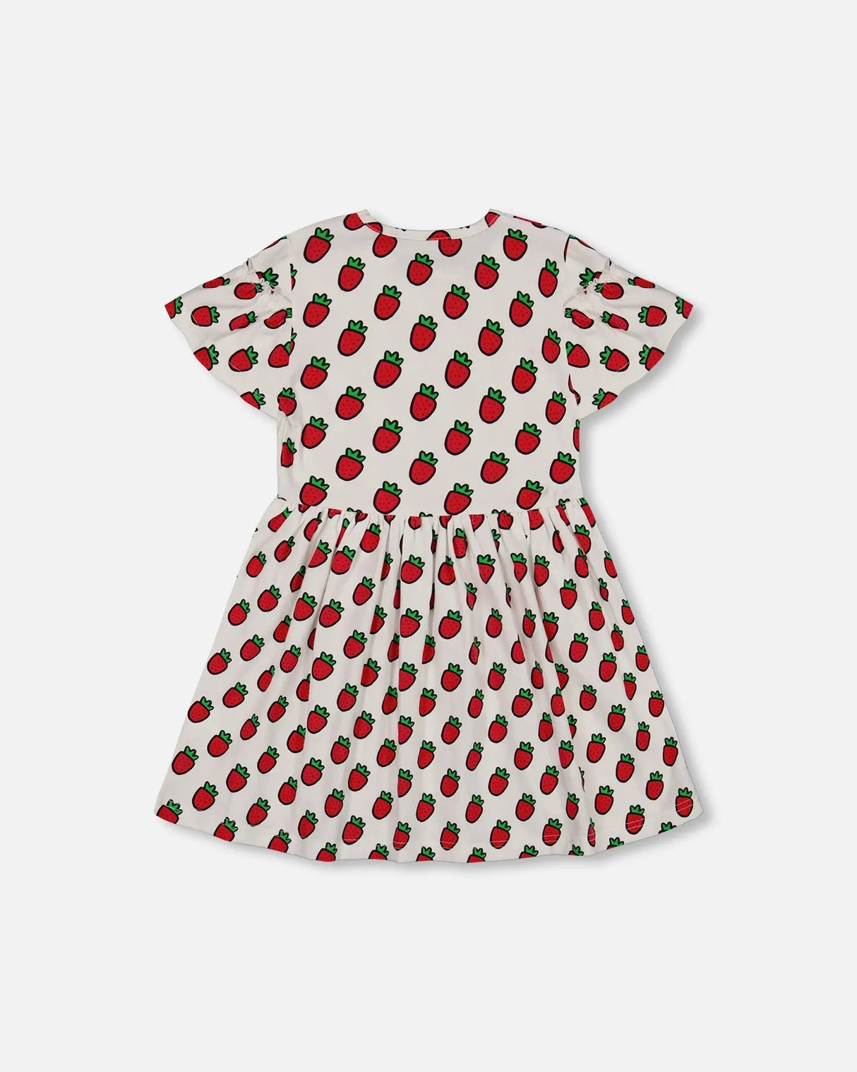 Organic Cotton Dress With Flounce Sleeves White Printed Pop Strawberry | Deux par Deux | Jenni Kidz