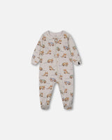 Organic Cotton One Piece Pajama Beige Mix Printed Racoons | Deux par Deux | Jenni Kidz