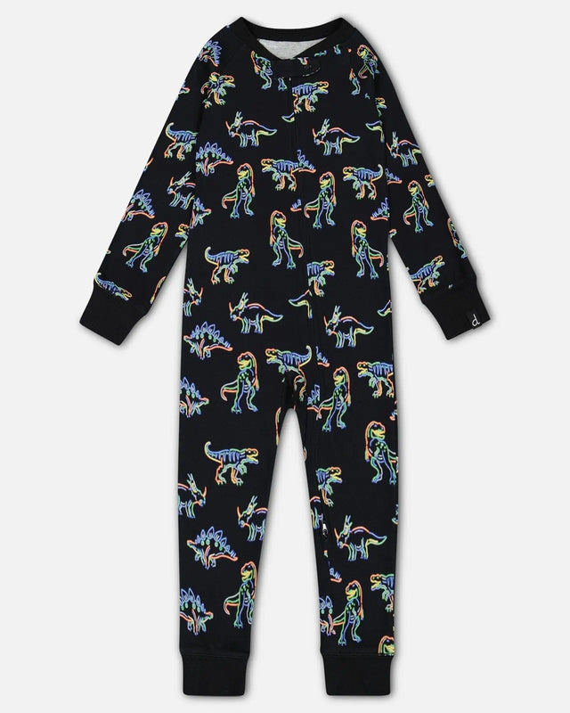 Organic Cotton One Piece Pajama Black Printed Neon Dino | Deux par Deux | Jenni Kidz