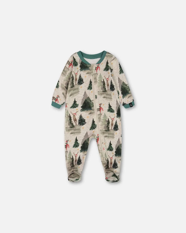 Organic Cotton One Piece Pajama Gray Mix Printed Reindeer | Deux par Deux | Jenni Kidz