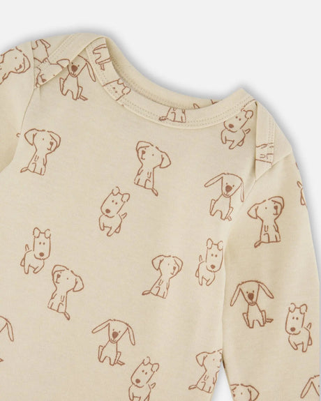 Organic Cotton Onesie Beige Puppy Print | Deux par Deux | Jenni Kidz