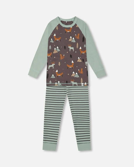 Organic Cotton Printed Fox Two Piece Pajama Set Dark Grey | Deux par Deux | Jenni Kidz
