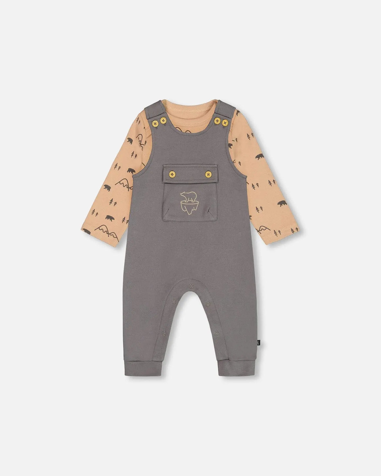 Organic Cotton Printed Onesie And Overall Set Dark Gray With Mountains | Deux par Deux | Jenni Kidz