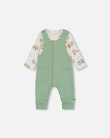 Organic Cotton Printed Onesie And Overall Set Green And Racoon | Deux par Deux | Jenni Kidz