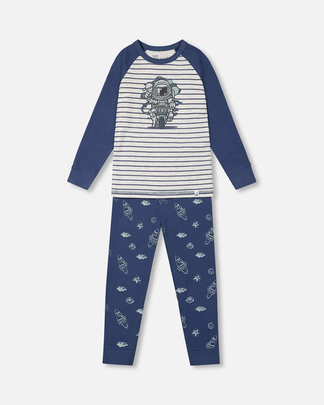 Organic Cotton Printed Space Ranger Two Piece Pajama Set Navy | Deux par Deux | Jenni Kidz