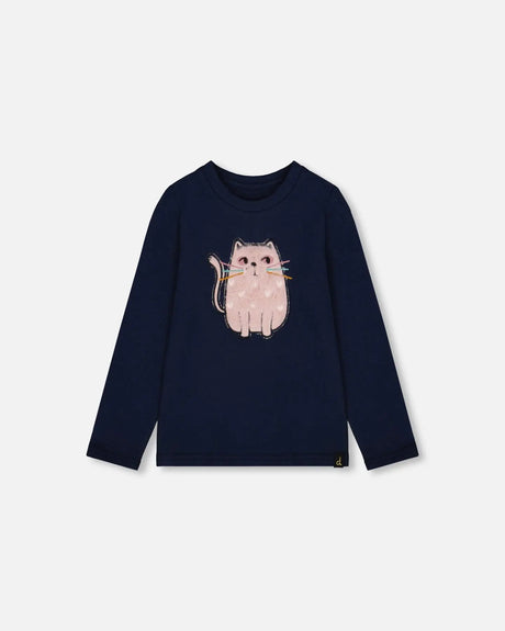 Organic Cotton T-Shirt Dark Blue With Cat | Deux par Deux | Jenni Kidz