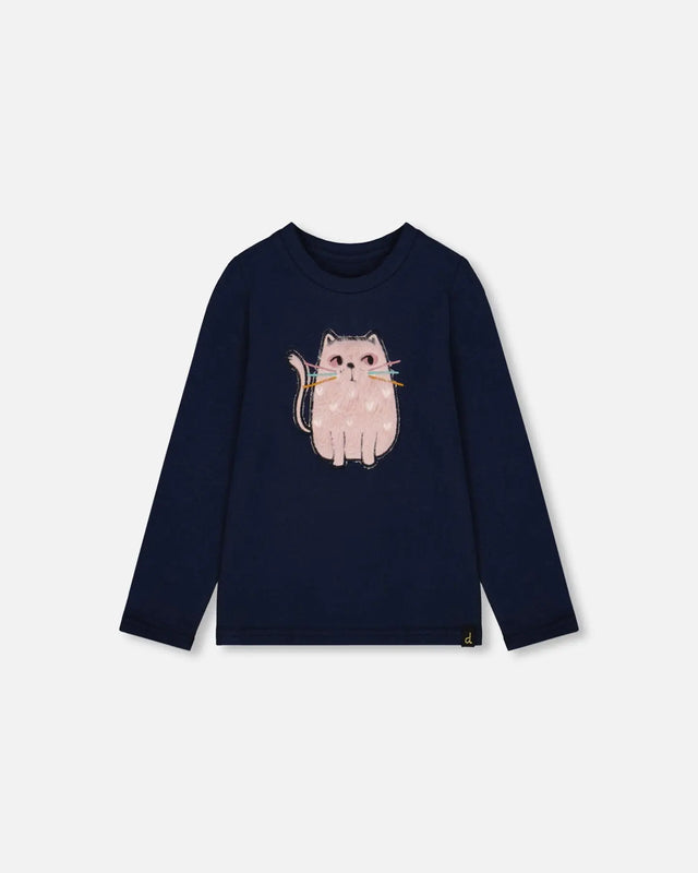 Organic Cotton T-Shirt Dark Blue With Cat | Deux par Deux | Jenni Kidz
