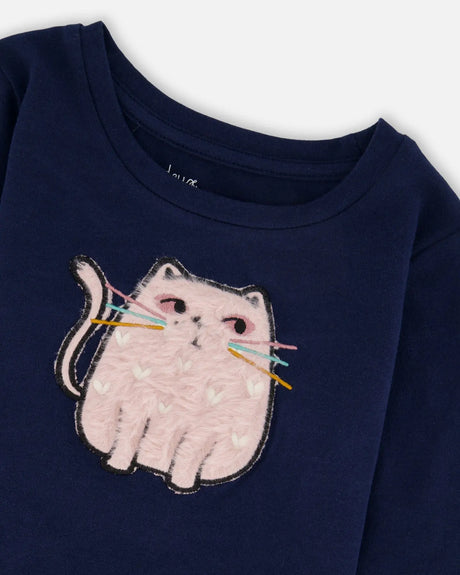 Organic Cotton T-Shirt Dark Blue With Cat | Deux par Deux | Jenni Kidz