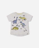 Organic Cotton T-Shirt With Dino Print Light Gray Mix | Deux par Deux | Jenni Kidz