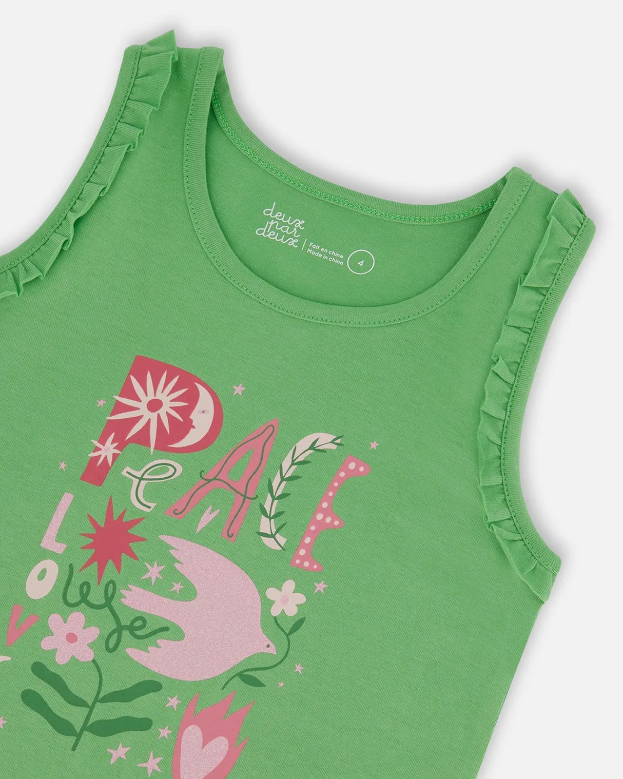 Organic Cotton Tank With Frills Flowers On Green Background | Deux par Deux | Jenni Kidz