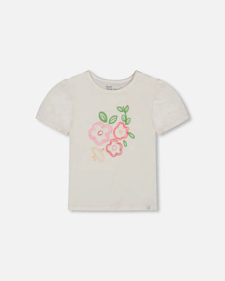 Organic Cotton Tee With Puff Sleeve Pink Flower On White Background | Deux par Deux | Jenni Kidz