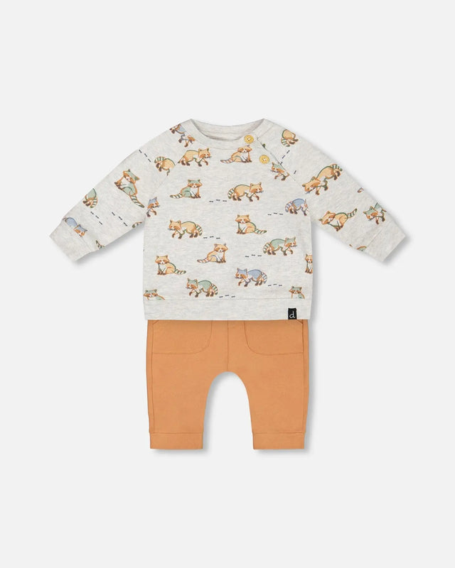 Organic Cotton Top And Pant Set Beige Mix Printed Racoon And Hazel | Deux par Deux | Jenni Kidz