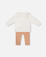 Organic Cotton Top And Printed Leggings Set White And Cinnamon | Deux par Deux | Jenni Kidz