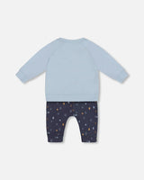 Organic Cotton Top And Printed Muslin Pant Set Light Blue With Pine | Deux par Deux | Jenni Kidz