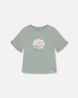 Organic Cotton Top With Print And Frills Olive Green | Deux par Deux | Jenni Kidz