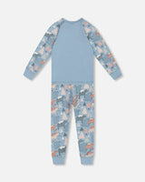 Organic Cotton Two Piece Pajama Set Air Blue Printed Mama Bears | Deux par Deux | Jenni Kidz