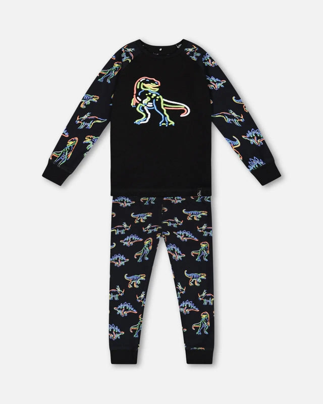 Organic Cotton Two Piece Pajama Set Black Printed Neon Dino | Deux par Deux | Jenni Kidz