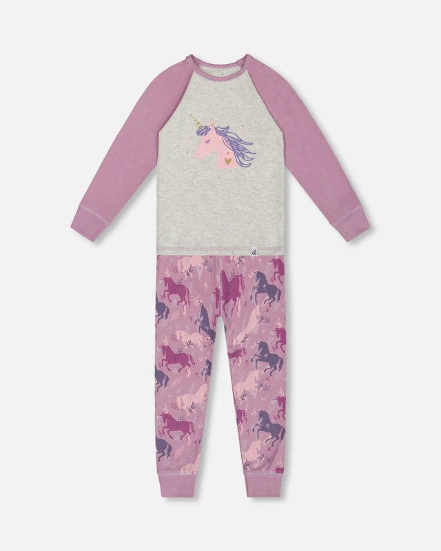 Organic Cotton Two Piece Pajama Set Mauve Printed Unicorns | Deux par Deux | Jenni Kidz