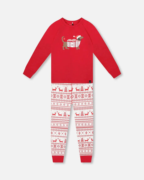 Organic Cotton Two-Piece Pajama Set Red And White Fairisle | Deux par Deux | Jenni Kidz