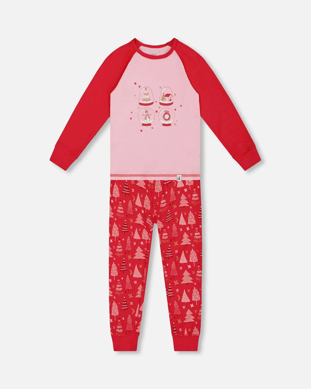 Organic Cotton Two Piece Pajama Set Red Printed Christmas Tree | Deux par Deux | Jenni Kidz