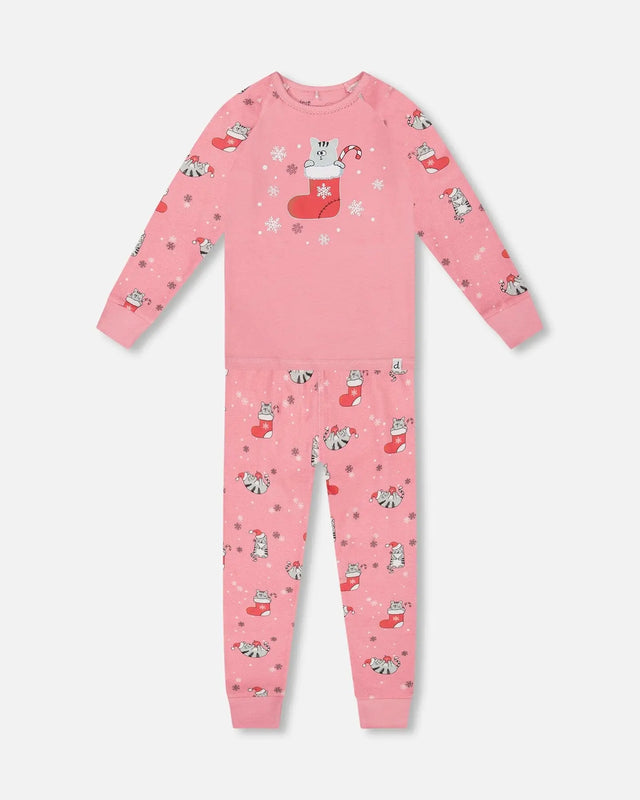 Organic Cotton Two-Piece Pajamas Pink Cat Print | Deux par Deux | Jenni Kidz