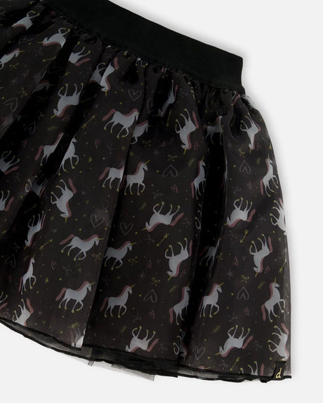 Organza And Mesh Skirt Black With Unicorn Print | Deux par Deux | Jenni Kidz