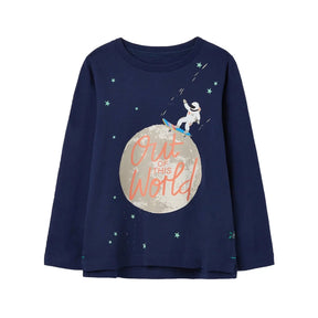 Joules Finlay Navy Astronaut Moon Long Sleeve T-Shirt: front view with astronaut and moon artwork