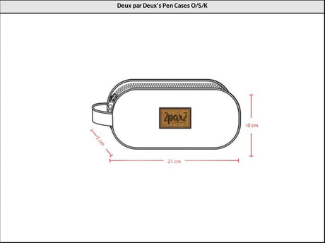 Deux par Deux pen case size chart showing a rounded case with 21 cm and 10 cm measurements
