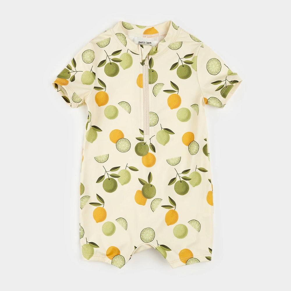 Petit Lem baby citrus print swim romper UPF 50+ antique white