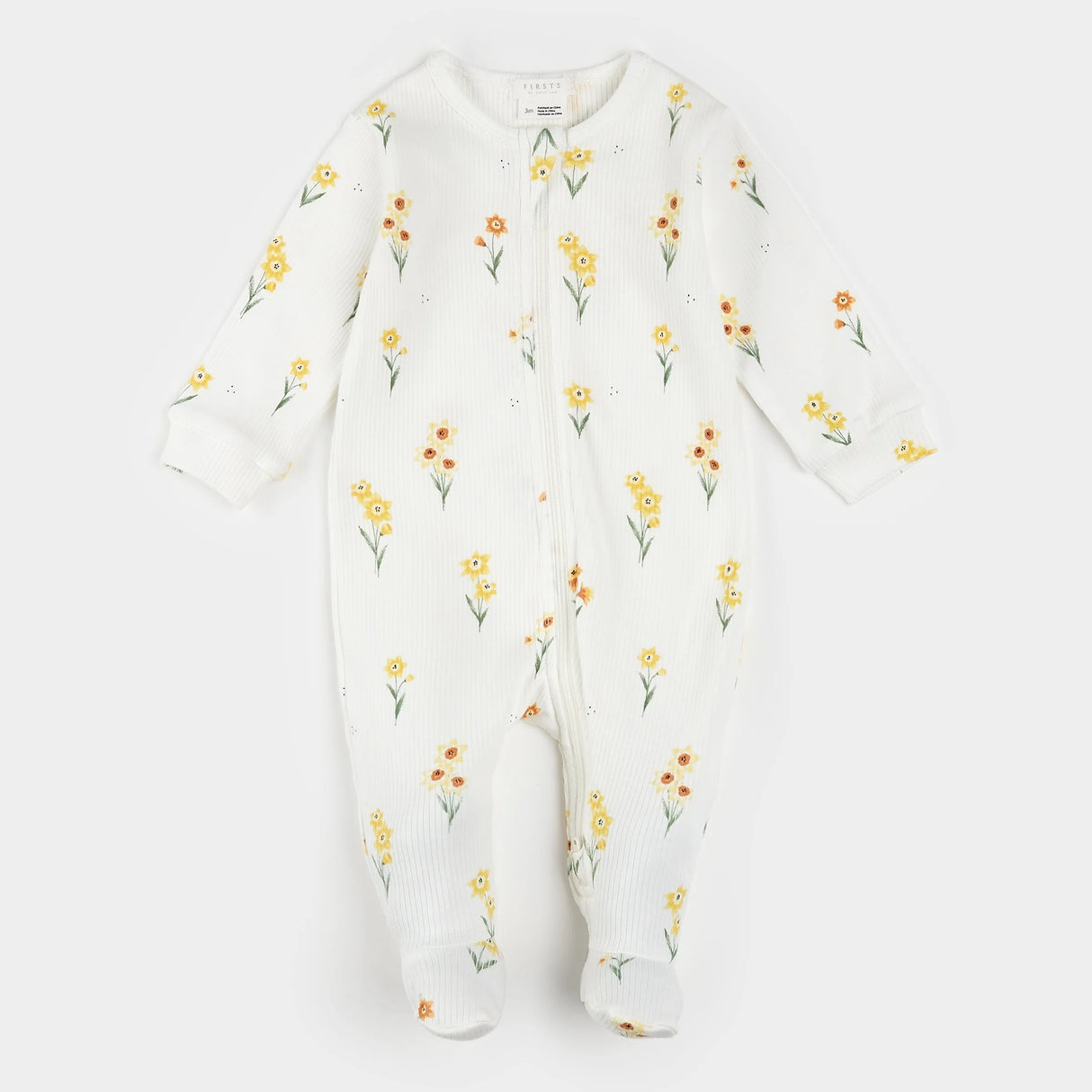 Petit Lem baby daffodil print footed sleeper organic cotton off-white front