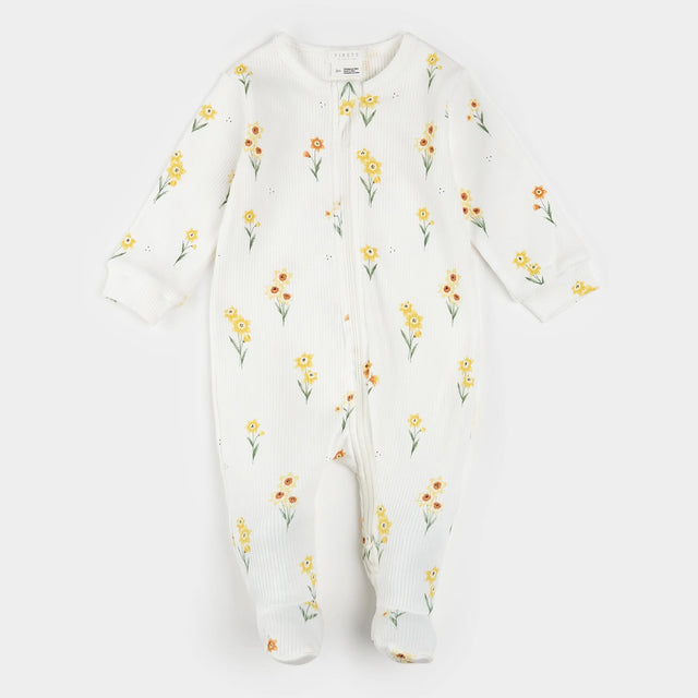 Petit Lem baby daffodil print footed sleeper organic cotton off-white front