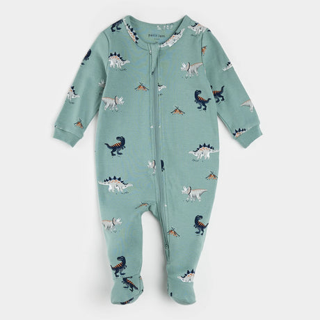 Petit Lem baby dinosaur print footed sleeper tidal wave green organic cotton