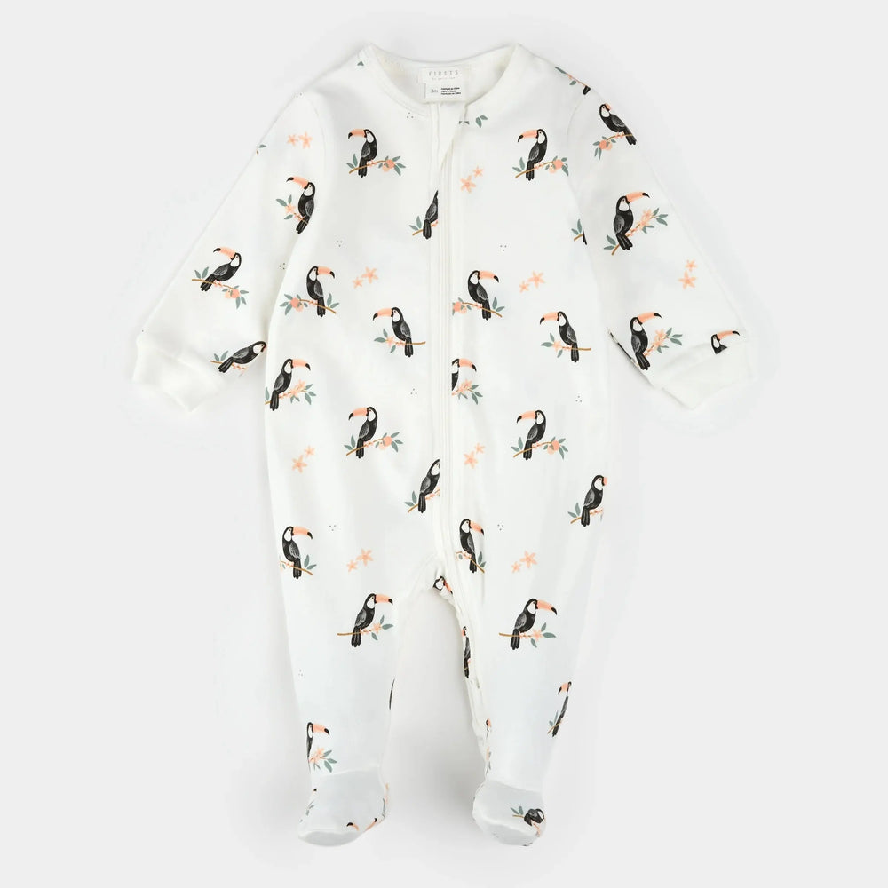 Petit Lem baby toucan print footed sleeper off-white organic cotton