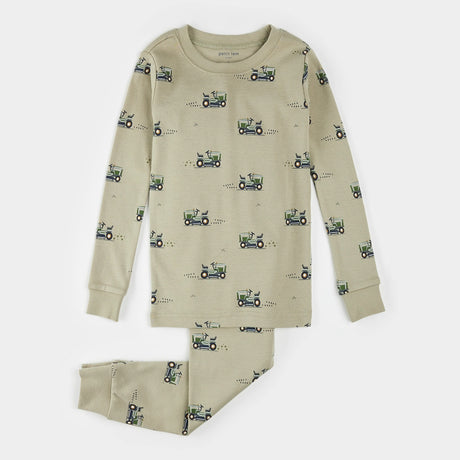 Petit Lem kids lawnmower print pajama set tea green organic cotton