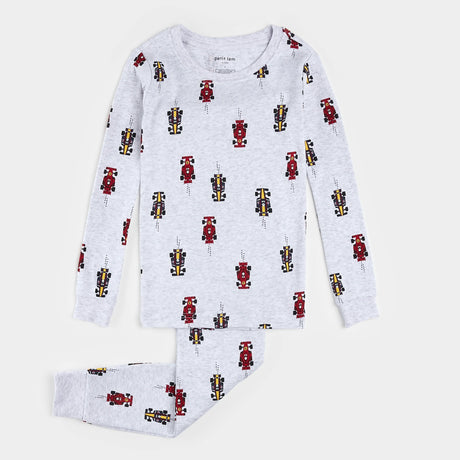 Petit Lem kids race car print pajama set heather grey organic cotton