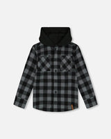 Polar Fleece Shirt With Hood Black Plaid | Deux par Deux | Jenni Kidz